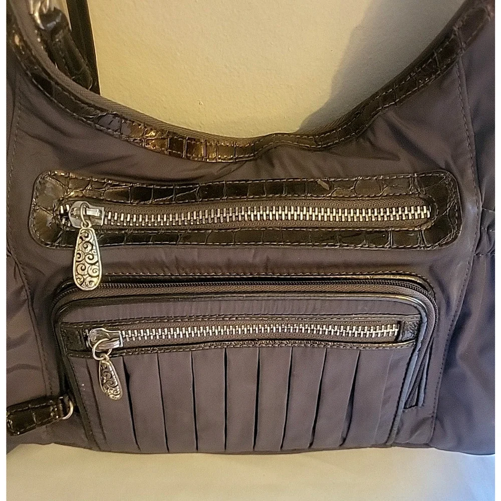 Vintage Brighton Gray Nylon Shoulder Bag Hobo Brown Leather Trim Braided Handle